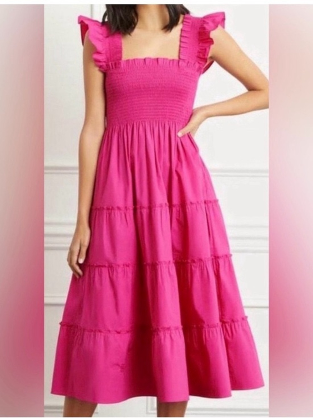 Hill House Pink Smocked Midi Dress with Ruffle Straps